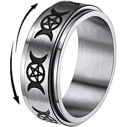 Honeyhandy Non-Tarnish Triple Moon Goddess Stainless Steel Rotating Finger Ring, Fidget Spinner Ring for Calming Worry Meditation, Stainless Steel Color, US Size 9(18.9mm)