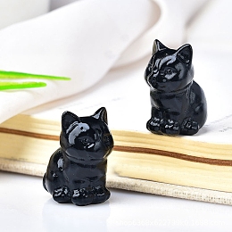 Honeyhandy Natural Obsidian Carved Healing Cat Figurines, Reiki Energy Stone Display Decorations, 30x23mm