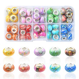 Honeyhandy 60pcs 10 Colors Opaque Resin European Beads, Imitation Crystal, Two-Tone Large Hole Beads, with Silver Tone Brass Double Cores, Rondelle, Mixed Color, 14x9.5mm, Hole: 5mm, 6pcs/color