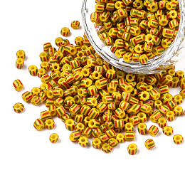 Honeyhandy 8/0 Opaque Colours Seep Glass Seed Beads, Round Hole, Round with Stripe Pattern, Gold, 3~3.5x2~3mm, Hole: 1mm, about 450g/bag