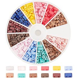 SUPERFINDINGS About 420pcs 12 Colors 2-Hole Glass Seed Beads Rectangle Carrier Beads Baking Paint Glass Seed Beads for Multi-Strand Jewelry Bracelet Craft Making