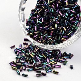 Honeyhandy Iris Hole Glass Bugle Beads, Multi-color Plated, 3~5x1.8~2mm, Hole: 0.8mm, about 12000pcs/450g