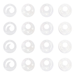 SUPERFINDINGS Natural Freshwater Shell Pendants, Flat Round with Wave, Linen, 18x2mm, Hole: 1mm, 16pcs/box