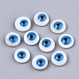 Honeyhandy Natural Freshwater Shell Beads, with Enamel, Flat Round with Evil Eye, Dodger Blue, 9x3.5mm, Hole: 0.8mm