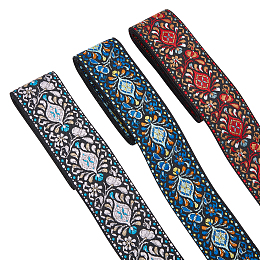 WADORN&reg 5.46M 3 Styles Ethnic Style Embroidery Polyester Ribbons, Jacquard Ribbon, Garment Accessories, Flat with Floral Pattern, Mixed Color, 1-7/8 inch(48mm)~2 inch(50mm), 1.82m/style