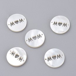 Honeyhandy Natural White Shell Links Connectors, Flat Round with Word Mom, for Mother's Day, 15~16x1.4~1.8mm, Hole: 1mm