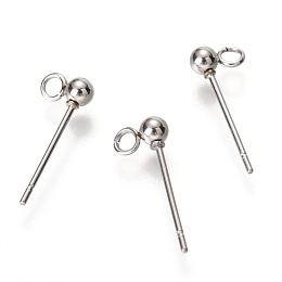 Honeyhandy Original Color 304 Stainless Steel Ball Post Stud Earring Findings, with Loop, Stainless Steel Color, 15x6x3mm, Hole: 1.7mm, Pin: 0.5mm