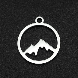 Honeyhandy 201 Stainless Steel Charms, Laser Cut, Hollow, Ring with Mountain, Stainless Steel Color, 14x12x1mm, Hole: 1.2mm