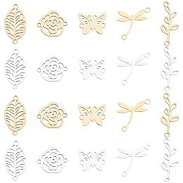 SUNNYCLUE 1 Box 20Pcs 5 Styles Stainless Steel Connectors Charms Flower Leaf Pendants Hollow Butterfly Dragonfly Links with Double Loops for Crafts Making Supplies, Golden Silver