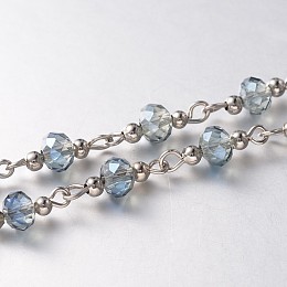 Honeyhandy Trendy Handmade Faceted Rondelle Glass Beads Chains for Necklaces Bracelets Making, with Iron Spacer Beads and Iron Eye Pin, Unwelded, Platinum, Light Steel Blue, 39.3 inch, about 60pcs/strand