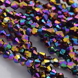 Honeyhandy Faceted Bicone Electroplate Glass Beads Strands, Full Rainbow Plated, Indigo, 4x4mm, Hole: 1mm, about 115~118pcs/strand, 18.5 inch