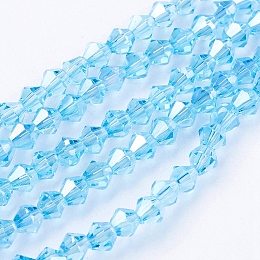 Honeyhandy Glass Beads Strands, AB Color Plated, Faceted, Bicone, Deep Sky Blue, 4x4mm, Hole: 1mm, about 92~96pcs/strand, 13.78~14.37 inch