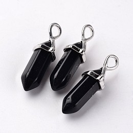 Honeyhandy Bullet Natural Obsidian Pendants, with Platinum Plated Random Alloy Pendant Hexagon Bead Cap Bails, 27~31x10x8mm, Hole: 4x3mm