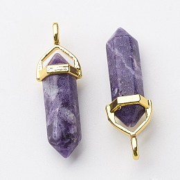 Honeyhandy Natural Charoite Pointed Pendants, with Random Alloy Pendant Hexagon Bead Cap Bails, Golden, Bullet, 37~40x12.5x10mm, Hole: 3x4.5mm