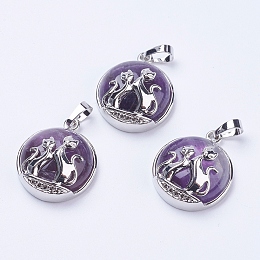 Honeyhandy Natural Amethyst Pendants, with Brass Findings, Flat Round with Fox, Platinum, 28~29x23~24x9~10mm, Hole: 5x7mm