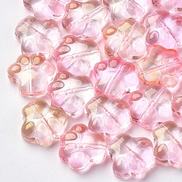 Arricraft Transparent Spray Painted Glass Beads, with Glitter Powder, Dog Paw Prints, Pink, 11x12x4.5mm, Hole: 1mm