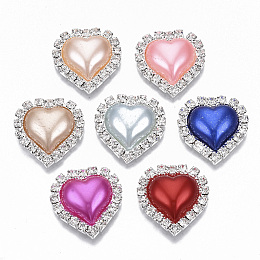 Arricraft Brass Cabochons, with Crystal Rhinestone & ABS Plastic Imitation Pearl, Heart, Platinum, Mixed Color, 22.5x21.5x6mm