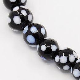 Honeyhandy Handmade Lampwork Round Beads Strands, polka-dotted, Black, 8mm, Hole: 1mm, about 35pcs/strand, 10.43 inch