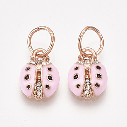 Honeyhandy Alloy Charms, with Rhinestone and Enamel, Ladybug, Pink, Crystal, Rose Gold, 14.5x10x4mm, Hole: 6mm