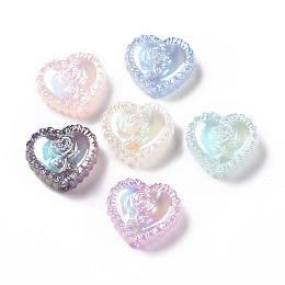 Honeyhandy UV Plating Rainbow Iridescent Acrylic Beads, Heart with Rose Flower, Mixed Color, 25x27.5x9.2mm, Hole: 3.6mm