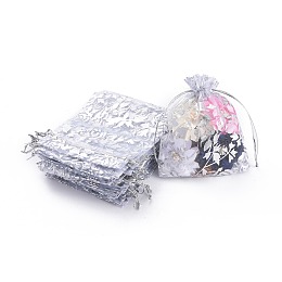 Honeyhandy Rose Printed Organza Bags, Gift Bags, Rectangle, Pearl Pink, 12x10cm