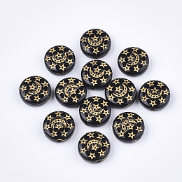 Honeyhandy Plating Acrylic Beads, Metal Enlaced, Flat Round with Moon & Star, Black, 13x5mm, Hole: 1.5mm