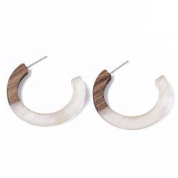 Honeyhandy Resin & Walnut Wood Stud Earring Findings, Half Hoop Earrings, Imitation Gemstone, with 304 Stainless Steel Pin, Clear, 35x35x4mm, Pin: 0.7mm