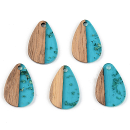 Honeyhandy Transparent Resin & Walnut Wood Pendants, with Gold Gold Foil, Teardrop, Dark Turquoise, 21.5x14.5x3mm, Hole: 2mm