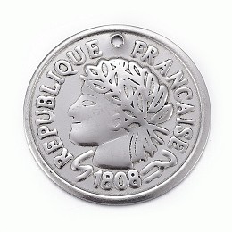 Honeyhandy 304 Stainless Steel Coin Pendants, Flat Round with Marianne & Word Republique Francaise, Antique Silver, 20x1mm, Hole: 1mm