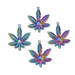 Ion Plating(IP) 304 Stainless Steel Pendants, Cadmium Free & Nickel Free & Lead Free, Pot Leaf/Hemp Leaf Shape, Rainbow Color, 35.5x30x3.5mm, Hole: 1.8mm