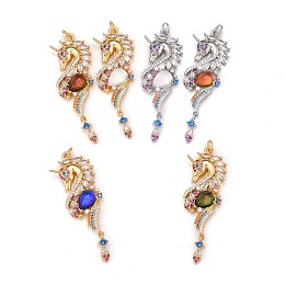 ARRICRAFT Brass Pave Colorful Cubic Zirconia Pendants, with Real 18K Gold Plated Brass Loops & Glass, Cadmium Free & Nickel Free & Lead Free, Seahorse, Mixed Color, 36x16x5.5mm, Hole: 3.5mm