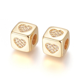 Honeyhandy Brass Micro Pave Cubic Zirconia European Beads, Large Hole Beads, Long-Lasting Plated, Cube with Heart Pattern, Clear, Golden, 9x9x9.5mm, Hole: 4.5mm