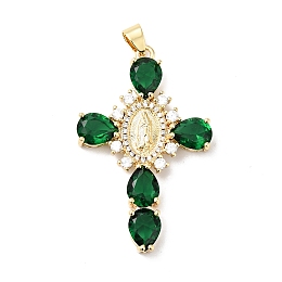 Honeyhandy Rack Plating Brass Micro Pave Cubic Zirconia Pendants, Cadmium Free & Lead Free, Real 18K Gold Plated, Cross with Saint, Green, 45.5x29x6mm, Hole: 4x6mm