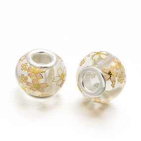 Honeyhandy Flower Picture Printed Glass European Beads, Large Hole Rondelle Beads, with Silver Tone Brass Cores, Clear, 14x11mm, Hole: 5mm