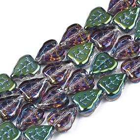 Electroplate Glass Beads Strands, Half Plated, Leaf, Green Plated, 10x8x4mm, Hole: 0.9mm, about 58~66pcs/strand, 21.65 inch~ 24.80 inch(55~63cm)