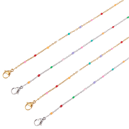 Unicraftale 304 Stainless Steel Cable Chain Necklaces, with Enamel and Lobster Claw Clasps, Colorful, Mixed Color, 16.14 inches(41cm), 2 colors, 2pcs/color, 4pcs/box