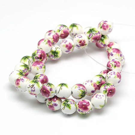 Honeyhandy Handmade Flower Printed Porcelain Ceramic Beads Strands, Round, Old Rose, 10mm, Hole: 2mm, about 35pcs/strand, 13.5 inch