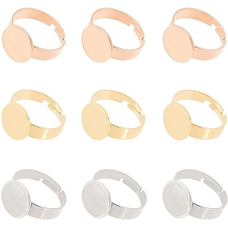 Unicraftale Adjustable 304 Stainless Steel Finger Rings Components, Pad Ring Base Findings, Flat Round, Mixed Color, 12pcs/box