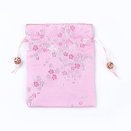 Honeyhandy Silk Packing Pouches, Drawstring Bags, with Wood Beads, Pink, 14.7~15x10.9~11.9cm
