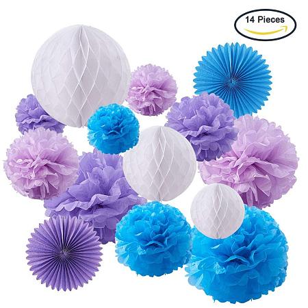 BENECREAT 14 Pieces Purple Blue Theme Paper Pom Poms Paper Flowers Honeycomb Balls Tissue Fans - Perfect For Wedding Decor, Birthday Celebration, Table and Wall Decoration