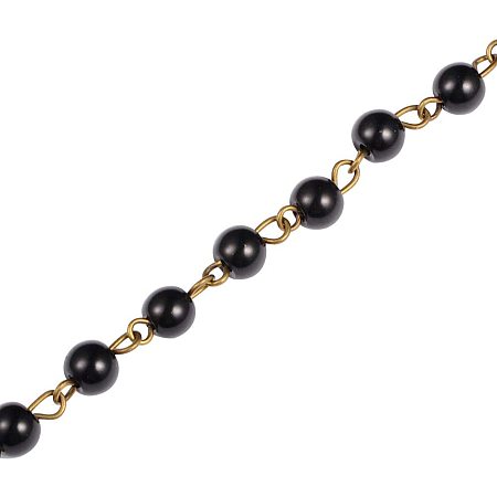 PandaHall Elite 5 Strands 3.3 Feet Round Glass Pearl Beads Chain Link with Antique Bronze Eye Pin for Necklaces Bracelets Jewelry Making