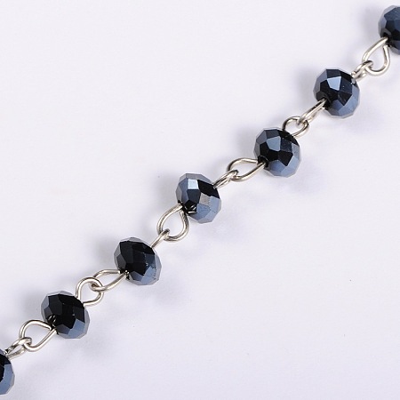 Honeyhandy Handmade Rondelle Glass Beads Chains for Necklaces Bracelets Making, with Platinum Iron Eye Pin, Unwelded, Black, 39.3 inch, Beads: 6x4.5mm