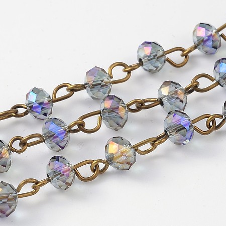 Handmade Electroplate Glass Faceted Rondelle Beads Chains for Necklaces Bracelets Making, with Antique Bronze Plated Brass Eye Pin, Unwelded, Medium Purple, 39.4 inches; about 92pcs/strand