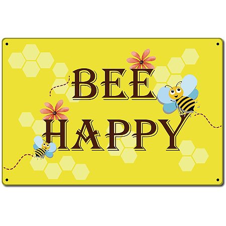 CREATCABIN Bee Happy Metal Tin Signs Vintage Iron Painting Retro Plaque Poster for Home Kitchen Wall Bar Coffee Shop Decoration, 12 x 8 Inch