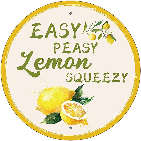CREATCABIN Metal Sign Easy Peasy Lemon Squeezy Tin Sign Round Vintage Retro Plaque Poster for Bar Pub Cafe Home Kitchen Wall Art Gift Decoration 12 x 12inch
