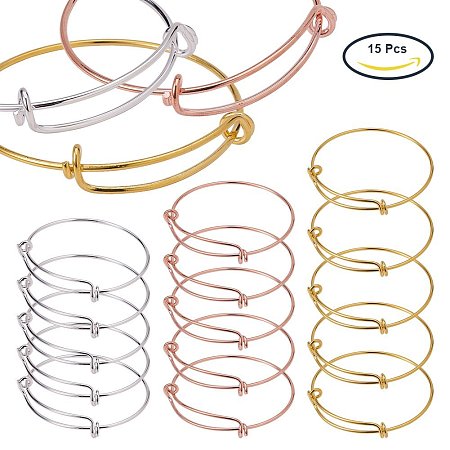 BENECREAT 15PCS/Set Adjustable Wire Blank Bracelet Expandable Bangle for DIY Jewelry Making, Silver & Golden & Rose Gold
