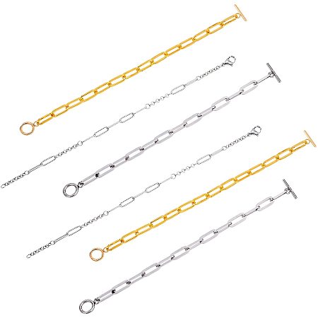 CHGCRAFT 6pcs 3 Styles 304 Stainless Steel Curb Chain Bracelets Paperclip Chain Bracelets Cable Chain Bracelets with Toggle Clasps and Lobster Claw Clasps for Bracelet Jewelry Gift