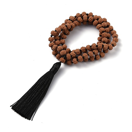 Honeyhandy Personalized Dual-use Items, Rudraksha Mala Beads Four Loops Wrap Bracelets or Necklaces, with Polyester Tassel, Camel, 31-7/8 inch(81cm)