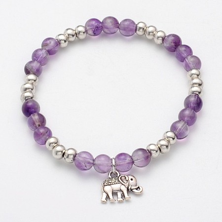 Honeyhandy Natural Amethyst Beaded Elephant Charm Stretch Bracelets, with Antique Silver Alloy Findings, 53mm