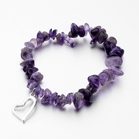 Honeyhandy Alloy Charm Bracelets, Heart, with Natural Amethyst Chip Beads and Elastic Crystal Thread, Silver Color Plated, 2-1/4 inch(55mm)